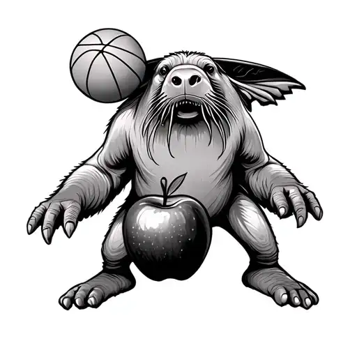 walrus playing basketball with an apple tattoo design idea