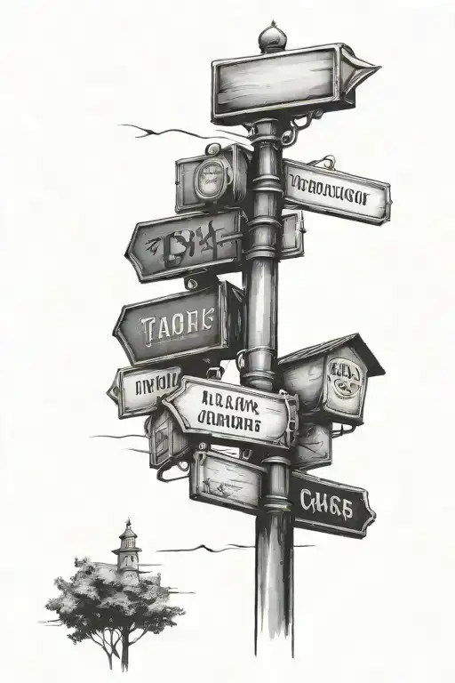 directional signs to places on a lamp post tattoo design idea