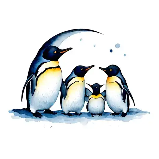 penguin family with crescent moon tattoo design idea