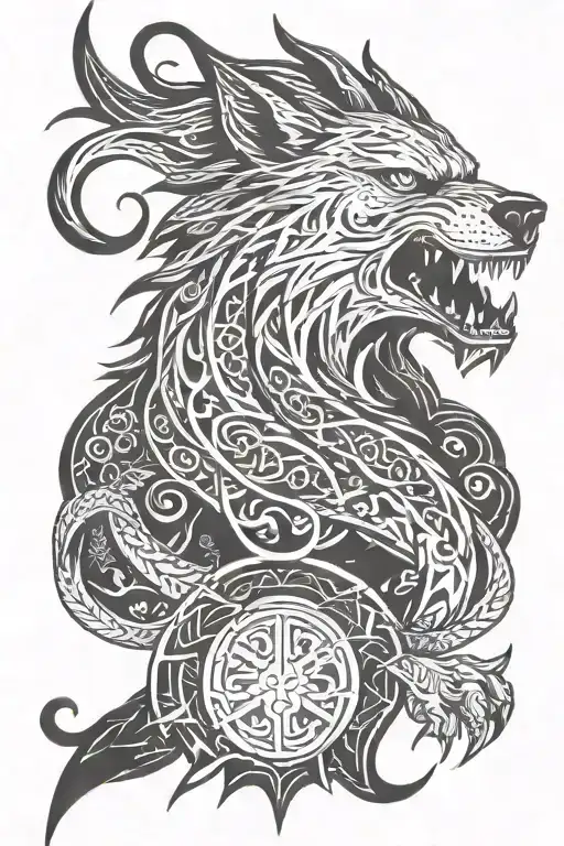 angry fenrir with runes wrapping, nordic, black and grey, with not allot of black tattoo design idea