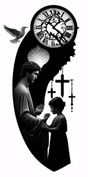 Dove at the top, Christian rosary, a tree of life,silhouette of a man holding the hand of a little girl and a boy, clock tattoo design idea