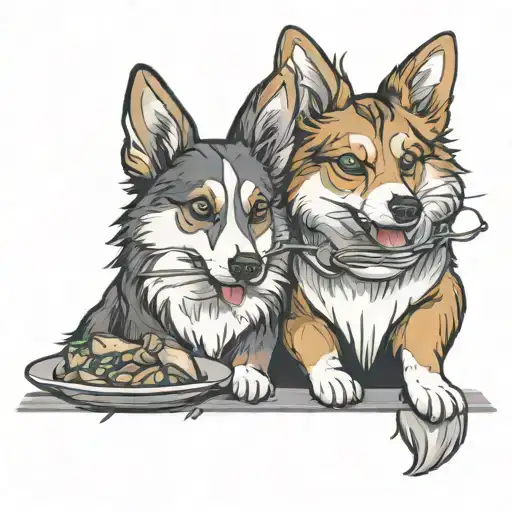 A pixel art style tattoo of a corgi and Maine Coon sharing a meal together, highlighting the client's passion for cooking and love for pets tattoo design idea