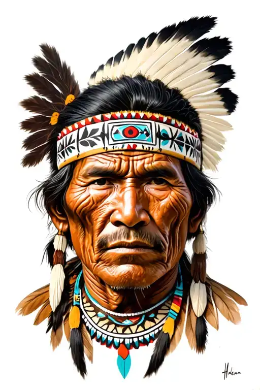 eve American Indian man (Hala y) with wrinkles and on his face symbols of their cultures tattoo design idea