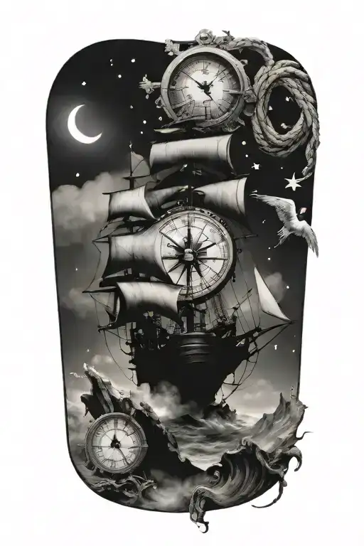 pirate ship / compass / clock / phoenix / rope / stars / earth / moon tattoo design idea