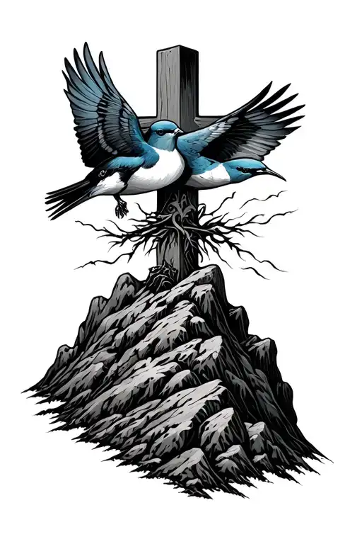 two swallows around a Christian cross planted on the summary of a mountain tattoo design idea