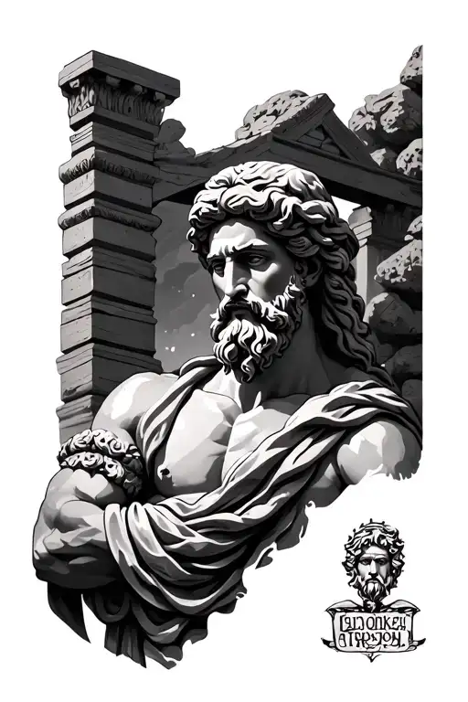 Zeus with Greek ruins underneath tattoo design idea