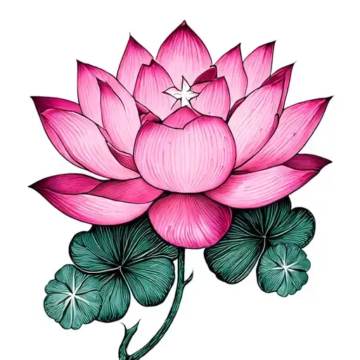 pink lotus flower with 4-leaf clover intertwined with 2 hanging stars tattoo design idea