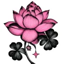 pink lotus flower with 4-leaf clover intertwined with 2 hanging stars tattoo design idea