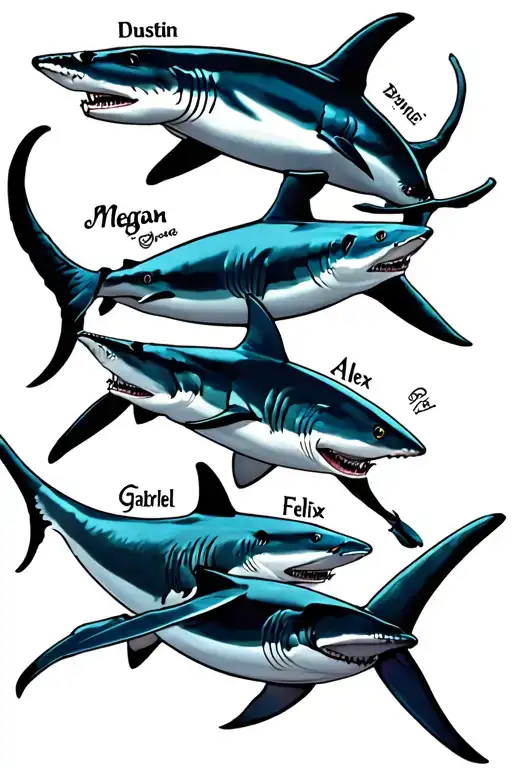 5 hammerhead sharks with the names Dustin, Megan, Alex, Gabriel,and Felix integrated.  tattoo design idea