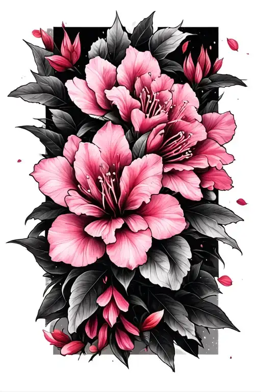 A sleeve with azalea flowers prominent in the tattoo and cherry blossom petals mixed in tattoo design idea