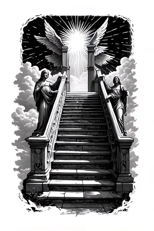 stairway to heaven walking up stairs angels sun rays clouds heaven gate at the top of the stairs  tattoo design idea