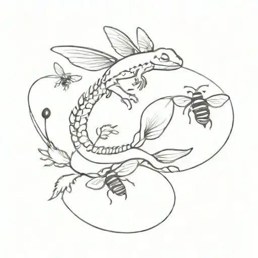 salamander and bee flying tattoo design idea