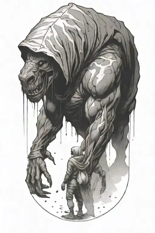 a huge muscular hooded beast being soothed by a small woman as they walk away tattoo design idea