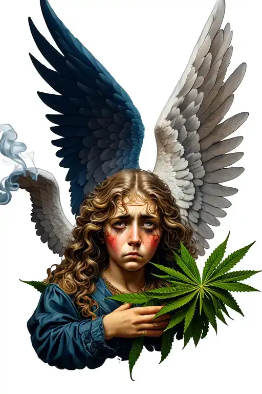 angel who smoke weed and hes sad face tattoo design idea