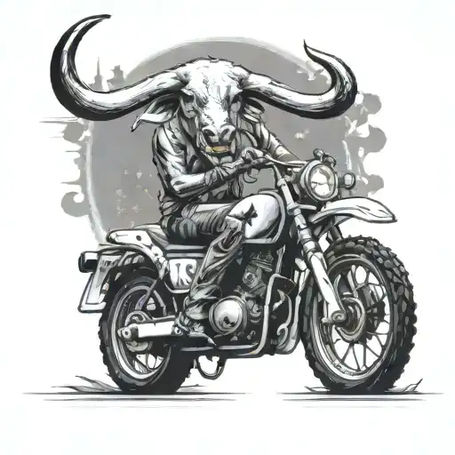 texas longhorn riding a dirtbike drinking a corona with oil rigs in the background tattoo design idea