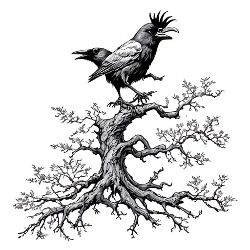 oak tree growing, raven, scottish tattoo design idea
