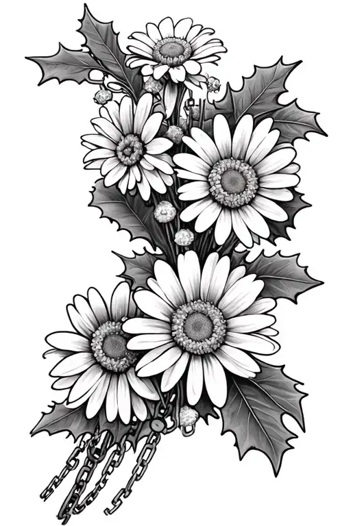 daisies, holly flower bouquet with chains tattoo design idea