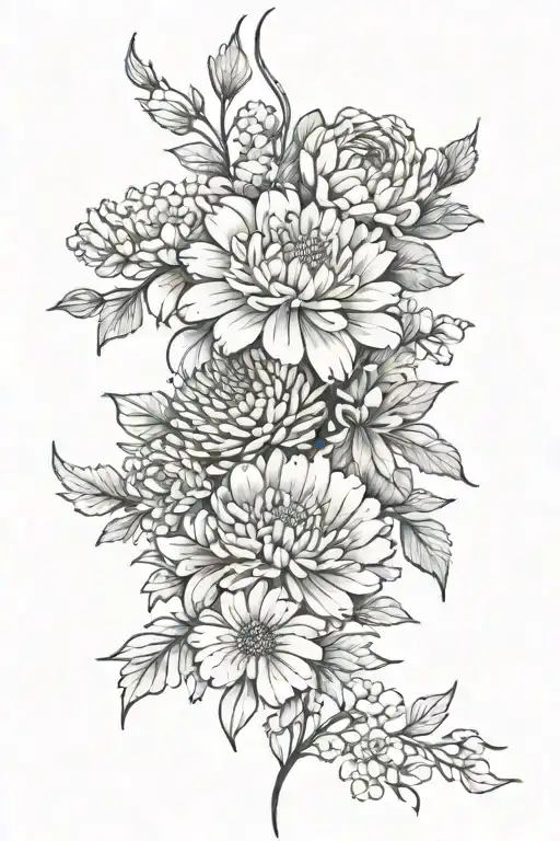 a fine line spine tattoo with carnations, daises and chrysanthemums tattoo design idea