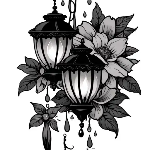 create a tangled themed movie tattoo with simple line work. include the lanterns and the sun drop flower  tattoo design idea