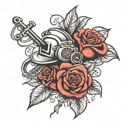 Create a tattoo featuring a rose intertwined with a cross and a welding mask, representing the client's love for roses and Christian faith in the context of welding tattoo design idea
