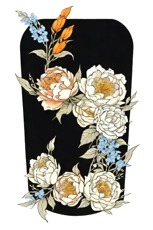 A peony and larkspur bouquet intertwined with paintbrushes and splashes of orange paint tattoo design idea