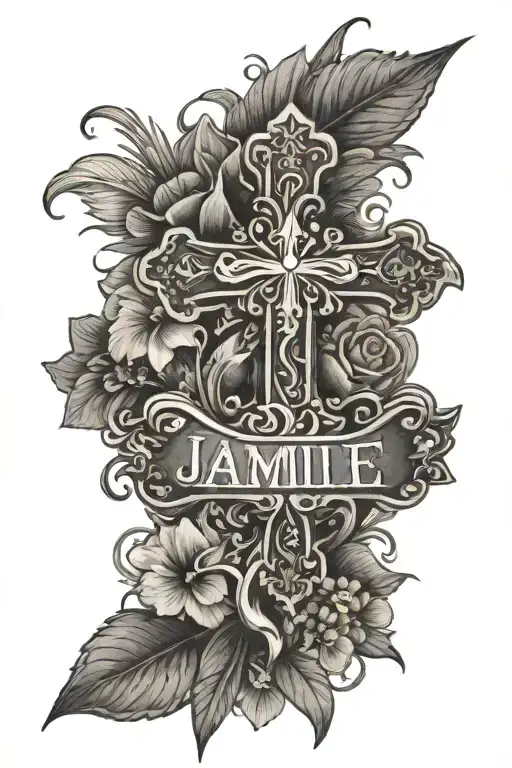 The name "Jamie" with a puerto rican flower and a illuminating cross in the background  tattoo design idea