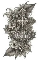 The name "Jamie" with a puerto rican flower and a illuminating cross in the background  tattoo design idea