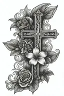 The name "Jamie" with a puerto rican flower and a illuminating cross in the background  tattoo design idea