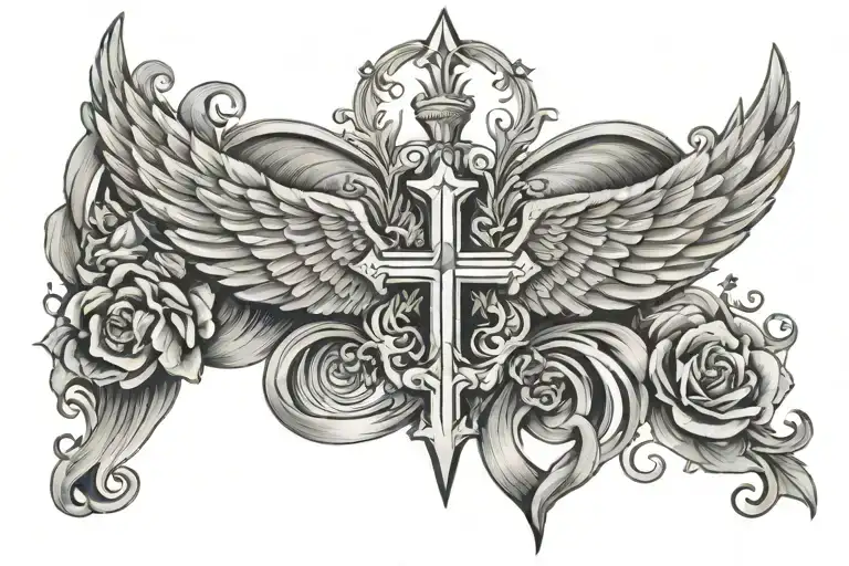 cross with angel wings and the date 05.12.19 tattoo design idea