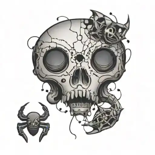 A video game controller morphing into a skull with spiderwebs and spiders crawling around it tattoo design idea
