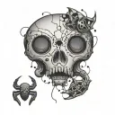 A video game controller morphing into a skull with spiderwebs and spiders crawling around it tattoo design idea