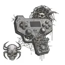 A video game controller morphing into a skull with spiderwebs and spiders crawling around it tattoo design idea
