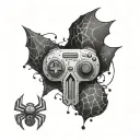 A video game controller morphing into a skull with spiderwebs and spiders crawling around it tattoo design idea