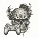 A video game controller morphing into a skull with spiderwebs and spiders crawling around it tattoo design idea
