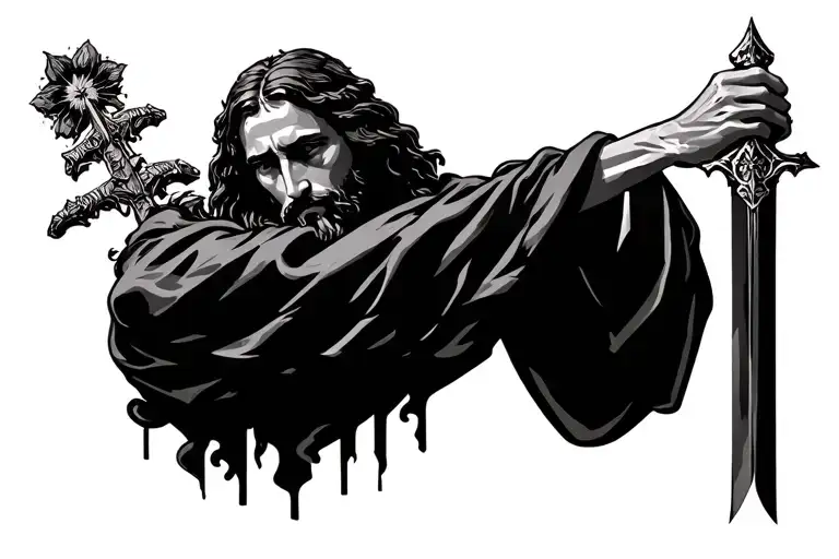 Isaiah 54:17 with Jesus Christ blocking a sword  tattoo design idea