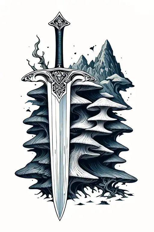 sword covered with fungus mountain background tattoo design idea