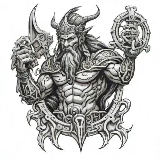 god enki, aquarius, demon, front facing, cemetrical tattoo design idea