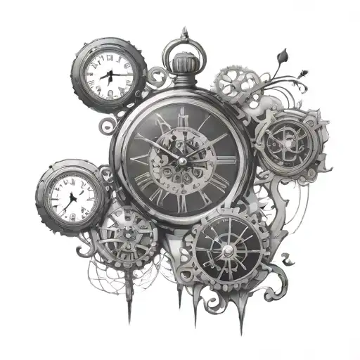 broken clock surrounded by seratonin and dopamine molecule tattoo design idea