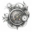 broken clock surrounded by seratonin and dopamine molecule tattoo design idea