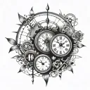 broken clock surrounded by seratonin and dopamine molecule tattoo design idea