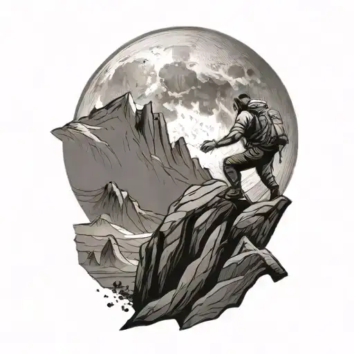 man climbing mountain in front of moon tattoo design idea