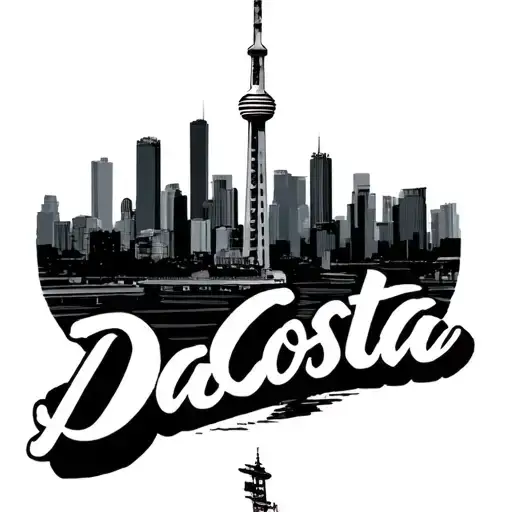 the name DaCosta in script with the cn tower Toronto skyline written into it tattoo design idea
