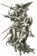 Female angels with spears fight against demons with striking faces. tattoo design idea