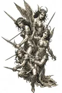 Female angels with spears fight against demons with striking faces. tattoo design idea