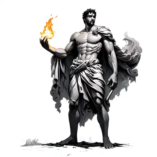 Prometheus standing up with a little fire in his hand tattoo design idea