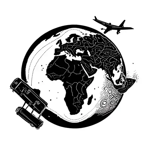 A dainty world with the continent of Africa dotted lines leading to a plane and a piece of luggage tattoo design idea