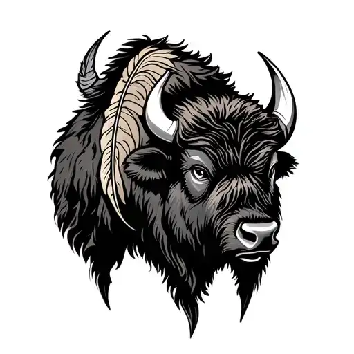Bison head with feather tattoo design idea