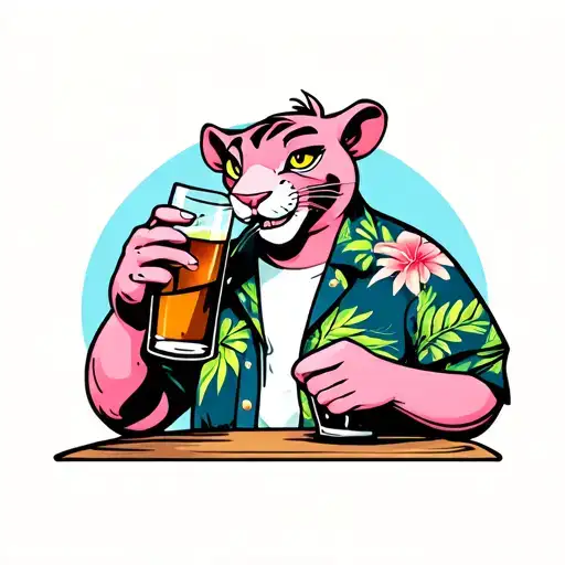 pink panther wearing a Hawaiian shirt drinking rum tattoo design idea