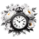 vintage display 12:51, III-XVI-MMXXV wrapping clock, in front of daisy flowers, baby's breath flowers, and peony flower tattoo design idea