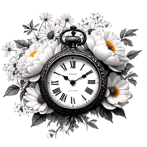vintage display 12:51, III-XVI-MMXXV wrapping clock, in front of daisy flowers, baby's breath flowers, and peony flower tattoo design idea